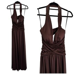 XSCAPE by Joanna Chen Chocolate Brown Plunge Halter Ruched Gown- Size 6